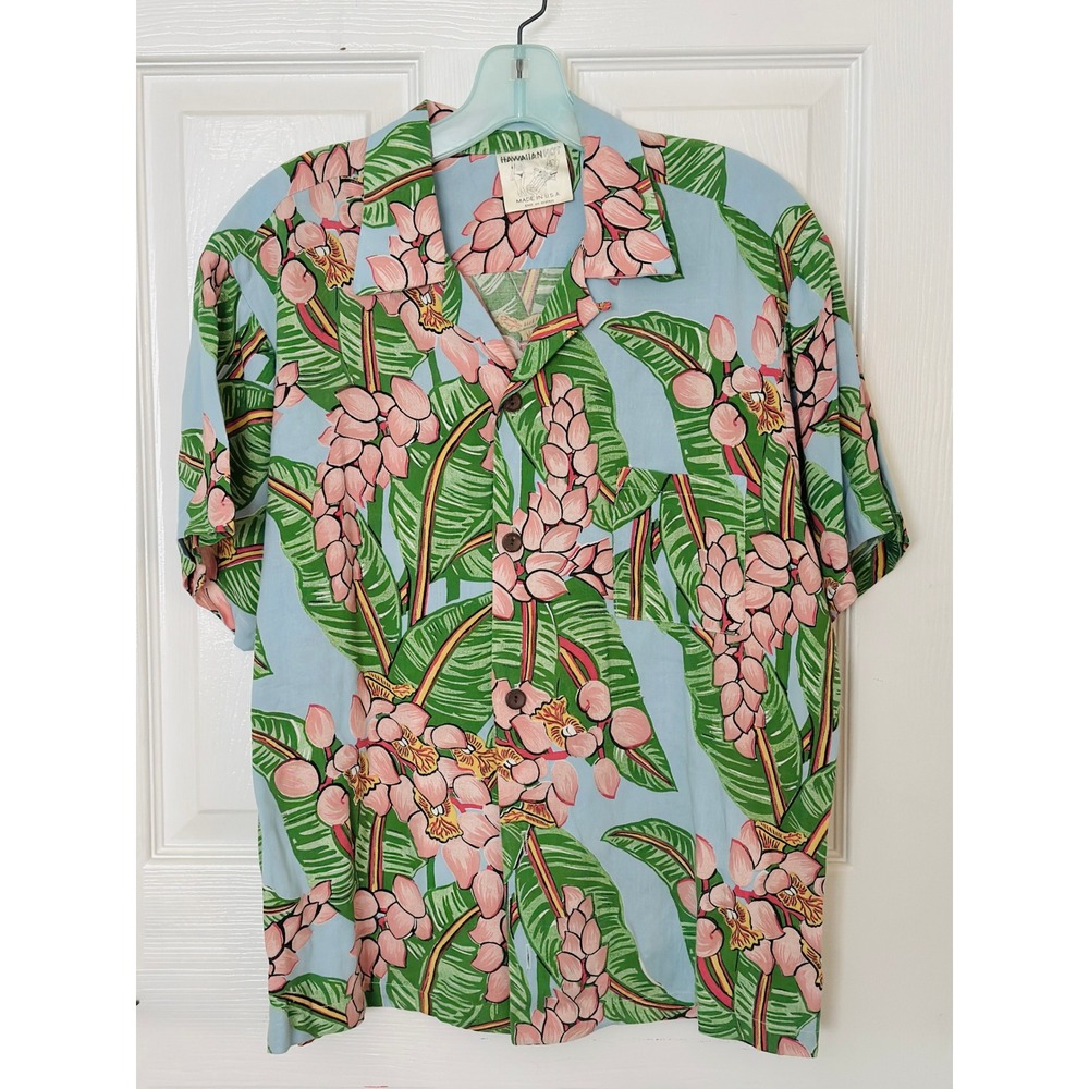 Hawaiian Hot Vintage Tropical Floral Button Down Shirt Blue Pink Made in USA